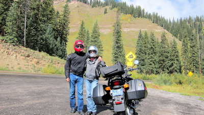 Bar and Hedy Hodgson on motorcycle tour in the Rockies