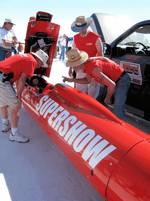 Bar Hodgson at Bonneville in 2008 with the Streamliner