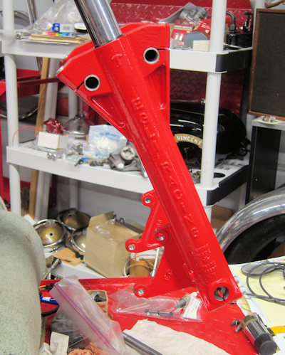 fork close up view for the Fritz Egli magnesium new old stock being fitted to this project bike by Bar Hodgson
